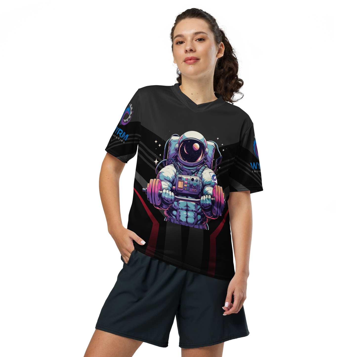 Barbell curl astronaut unisex gym workout sports t-shirt