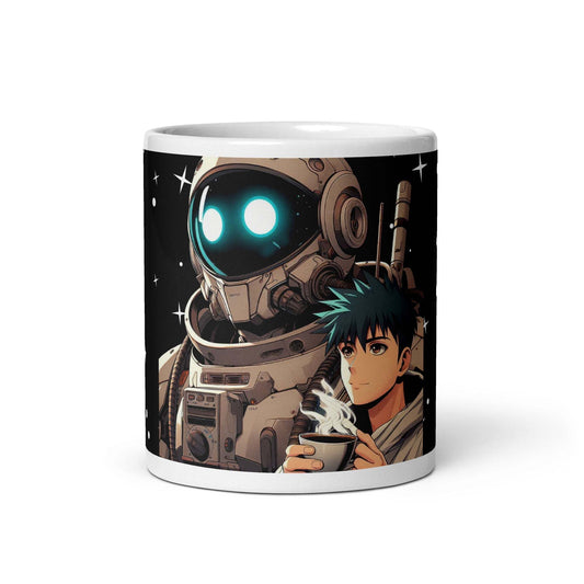 robot space themed office coffee drinking mug